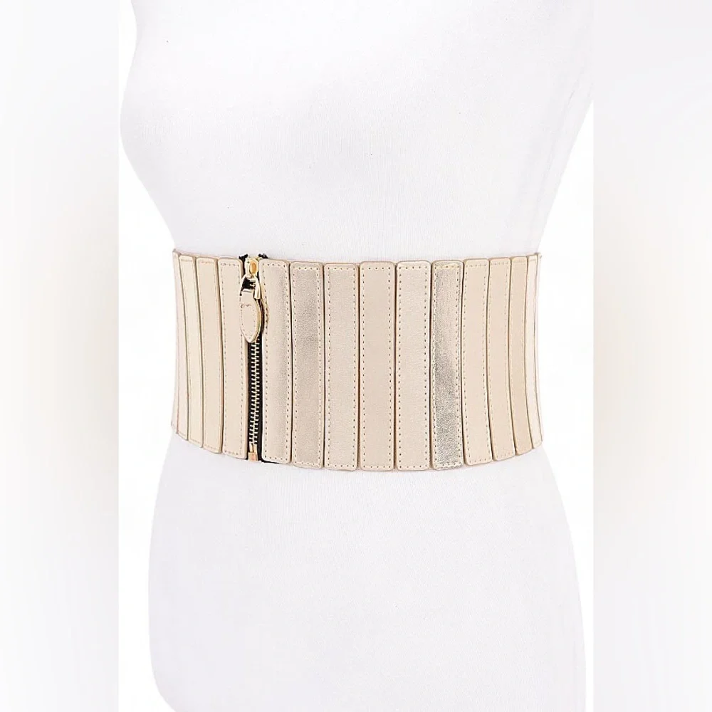Metallic Vegan Leather Zip Up Corset Statement Belt (Gold, Silver, Black)